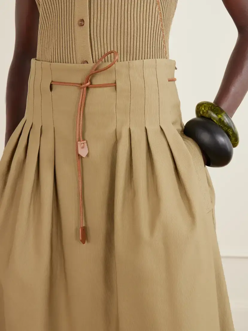 Max Mara Tempio Belted Pleated Leather-trimmed Cotton Midi Skirt | Thumbnail 4