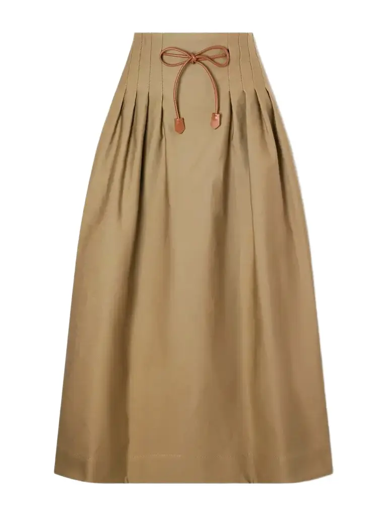 Max Mara Mxmtempio Belted Pleated Leather-trimmed Cotton Midi Skirt | Image 1 Max Mara Mxmtempio Belted Pleated Leather-trimmed Cotton Midi Skirt | Image 1