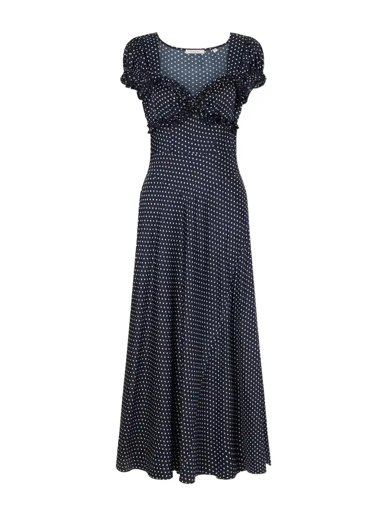 DÔEN Valerine Gathered Polk-dot Silk-blend Twill Maxi Dress | Image 1 DÔEN Valerine Gathered Polk-dot Silk-blend Twill Maxi Dress | Image 1