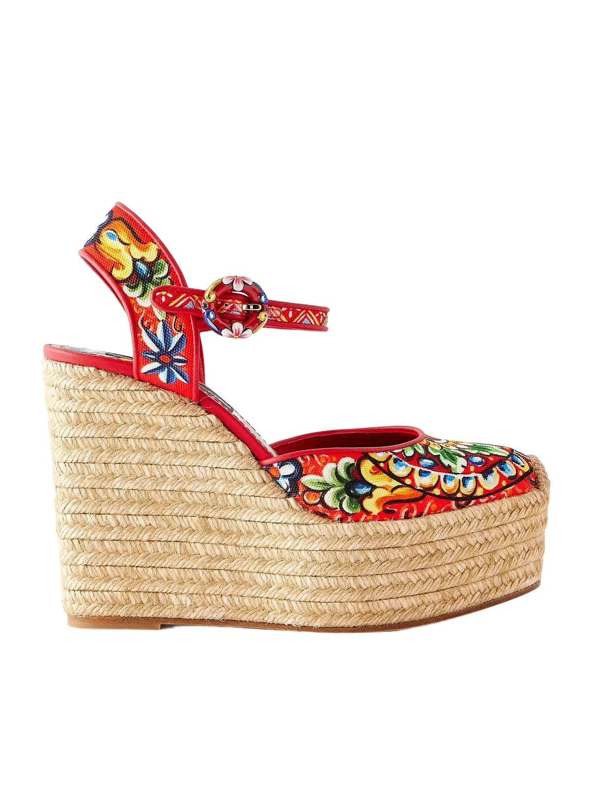 Dolce & Gabbana Printed Leather-trimmed Canvas Wedge Sandals