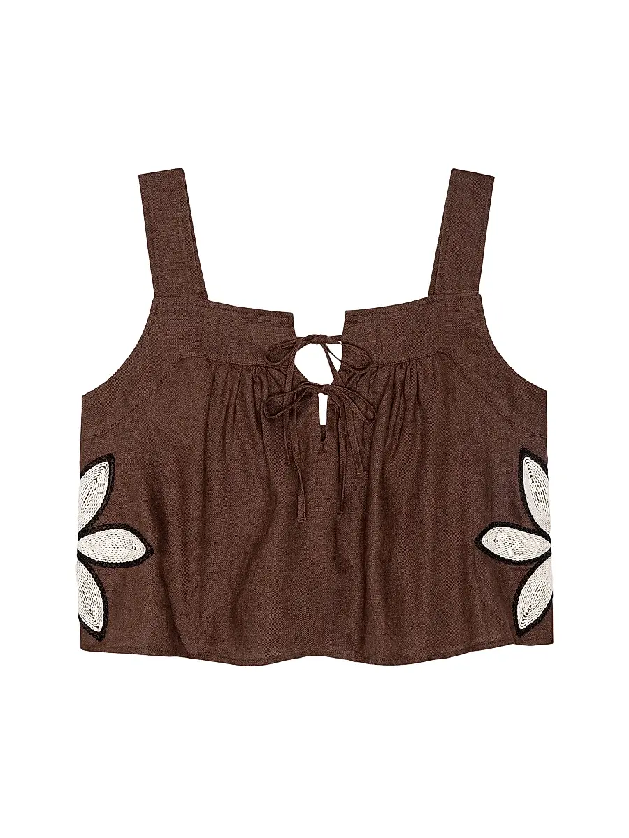 RAILS Women's Calais Crochet Flower Linen Top - Cocoa Floral Embroidery - Size XS | Image 1 RAILS Women's Calais Crochet Flower Linen Top - Cocoa Floral Embroidery - Size XS | Image 1