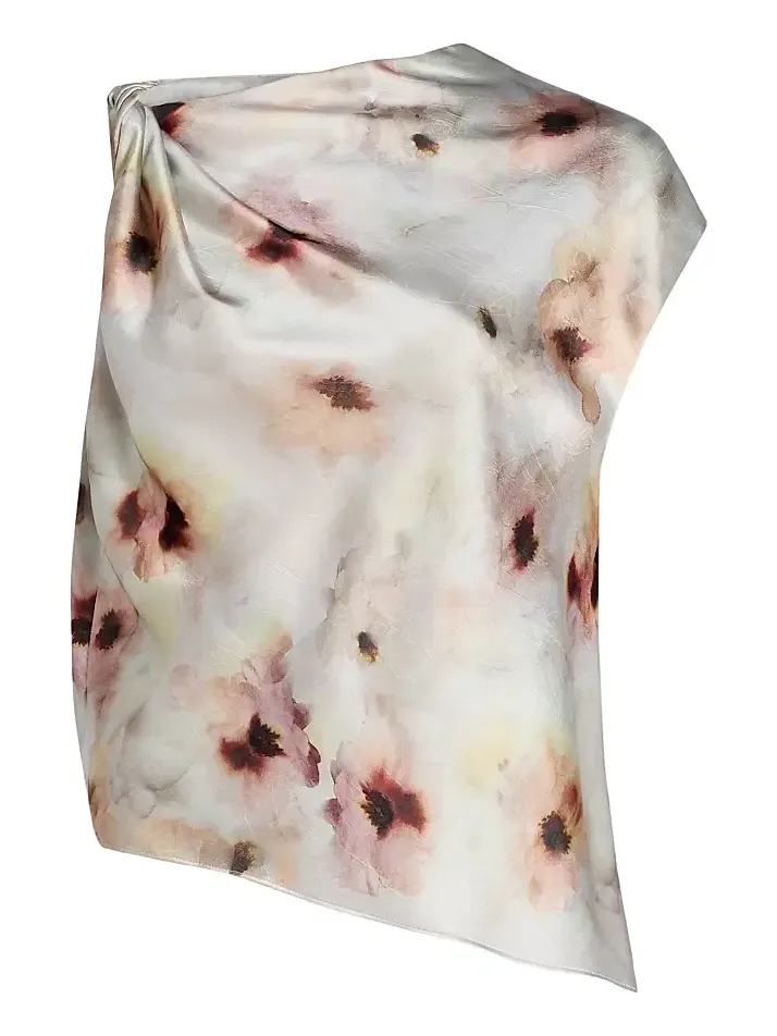 Women's Watercolor Floral Satin Twisted Asymmetric Top