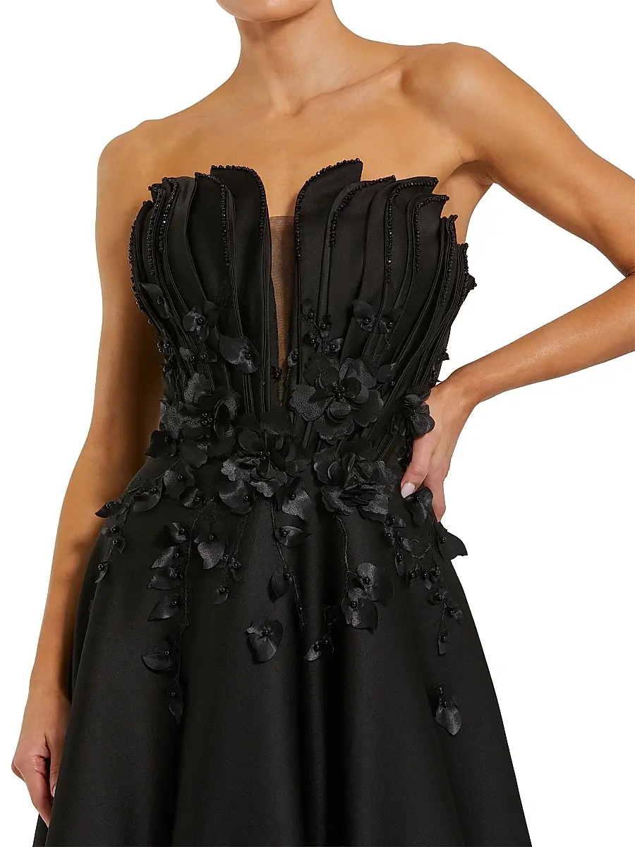 Mac Duggal Women's Petite Satin Floral Beaded Strapless Gown | Thumbnail 3 Mac Duggal Women's Petite Satin Floral Beaded Strapless Gown | Thumbnail 3