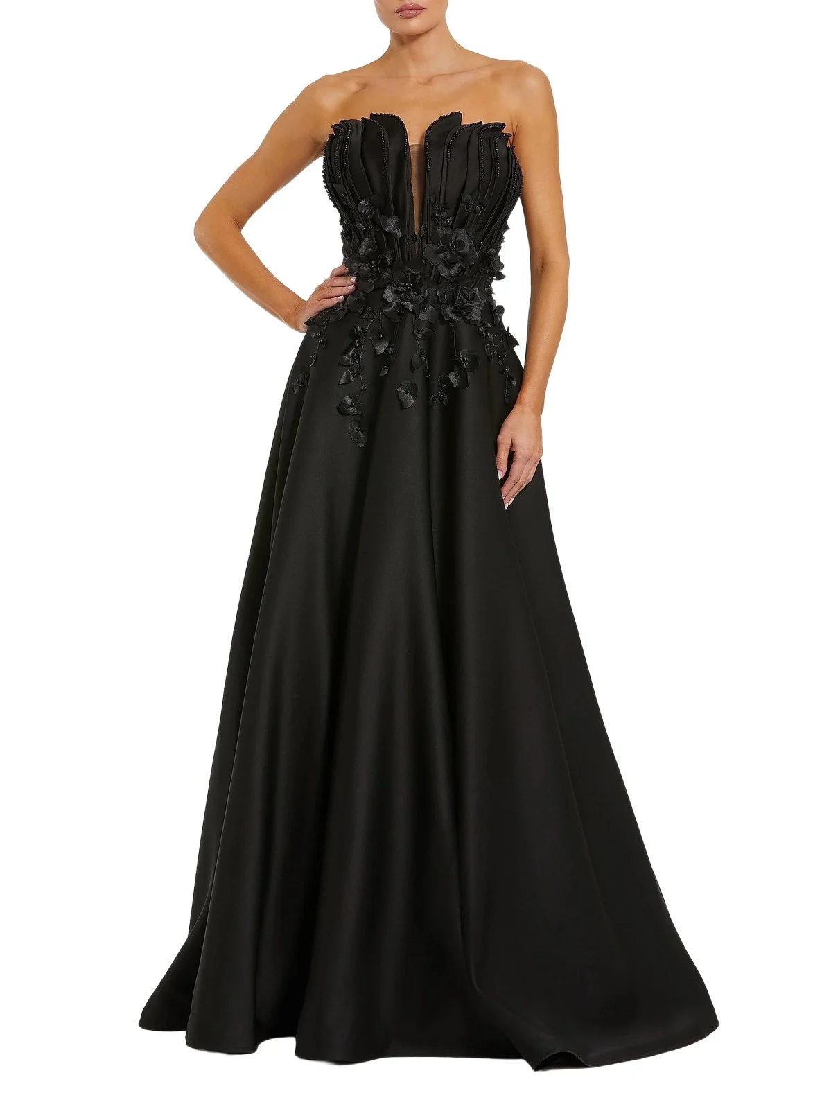 Women's Petite Satin Floral Beaded Strapless Gown