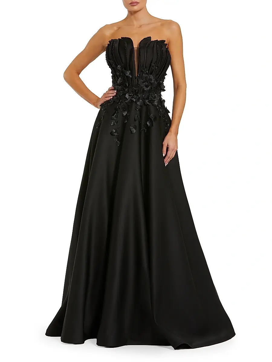 Mac Duggal Women's Petite Satin Floral Beaded Strapless Gown - Black Petite 12 | Image 1 Mac Duggal Women's Petite Satin Floral Beaded Strapless Gown - Black Petite 12 | Image 1