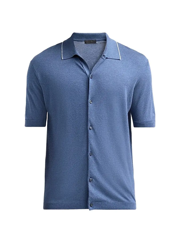 Saks Fifth Avenue Men's Cotton-Silk Knit Tipped-Collar Sweater - Blue | Image 1 Saks Fifth Avenue Men's Cotton-Silk Knit Tipped-Collar Sweater - Blue | Image 1