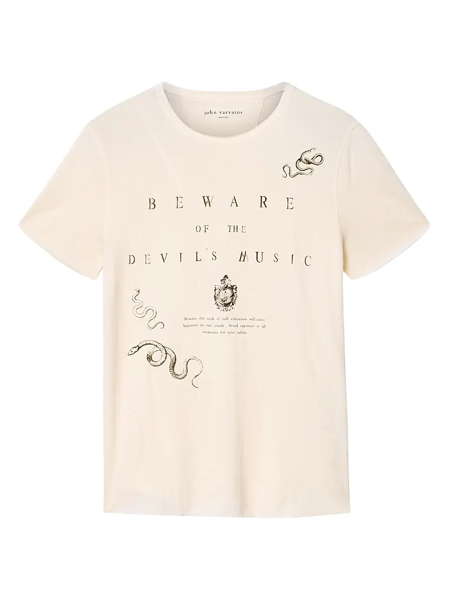 JOHN VARVATOS Men's Beware Raw-Edge Crewneck T-Shirt - Buttercream - Size XL | Image 1 JOHN VARVATOS Men's Beware Raw-Edge Crewneck T-Shirt - Buttercream - Size XL | Image 1