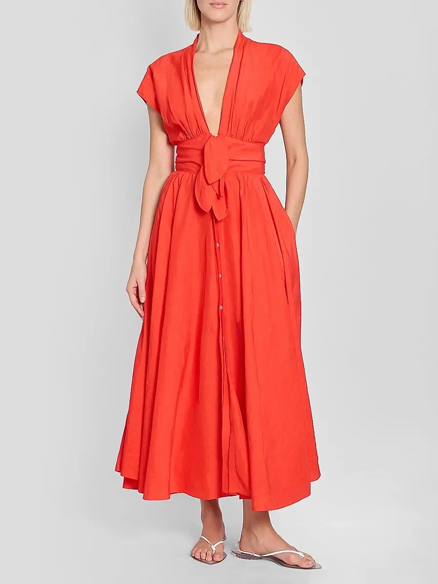 Alaïa Women's Plunging Knotted Linen-Blend Midi Dress | Thumbnail 2