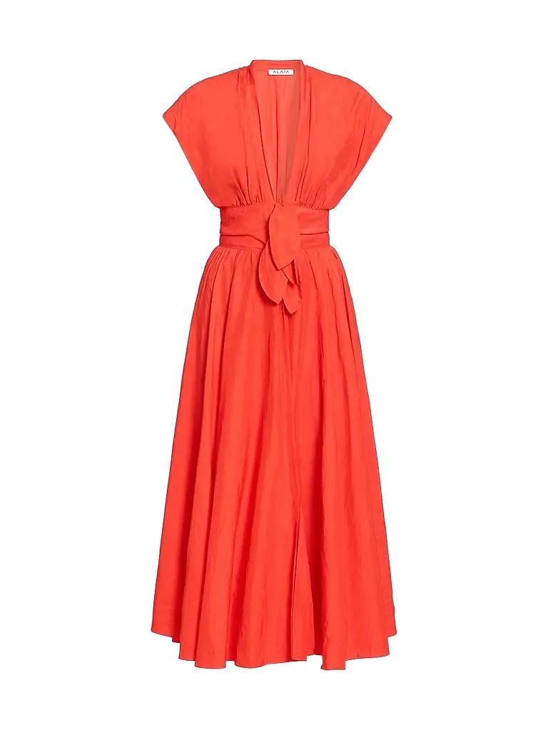Alaïa Women's Plunging Knotted Linen-Blend Midi Dress | Image 1 Alaïa Women's Plunging Knotted Linen-Blend Midi Dress | Image 1