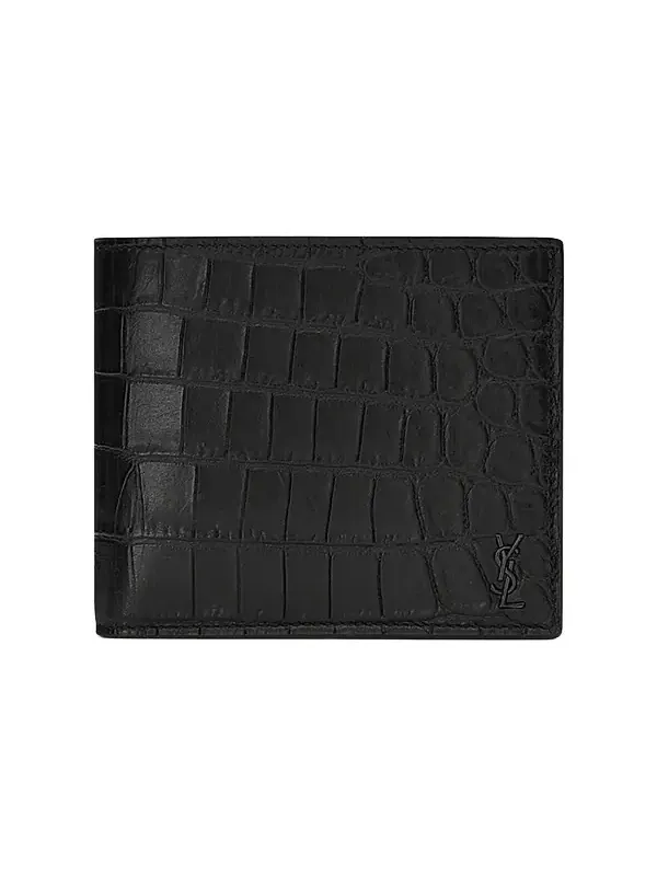 Saint Laurent Men's Tiny Cassandre East-West Wallet in Crocodile-Embossed Leather - Black