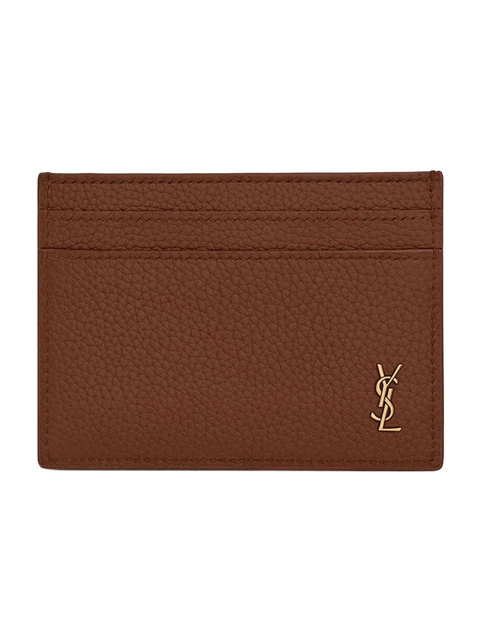 Saint Laurent Men's Tiny Cassandre Credit Card Case in Grained Leather - Toasted Brown