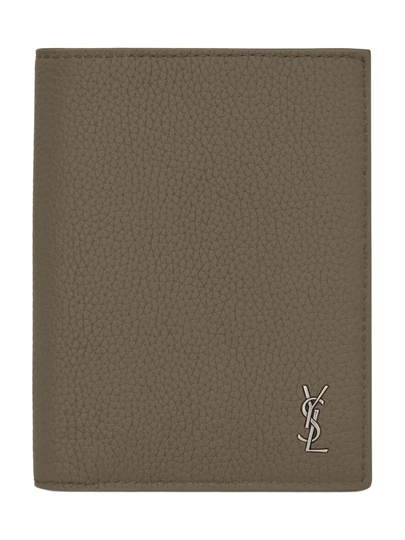 Saint Laurent Men's Tiny Cassandre Credit Card Wallet in Grained Leather - Dark Khaki