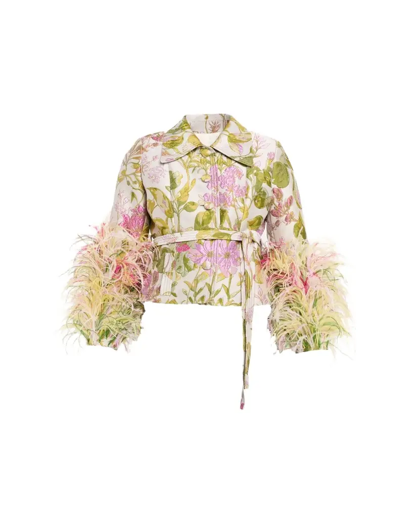 Libertine Dianthus Jacquard Feather-Trim Single-Breasted Jacket | Image 1 Libertine Dianthus Jacquard Feather-Trim Single-Breasted Jacket | Image 1
