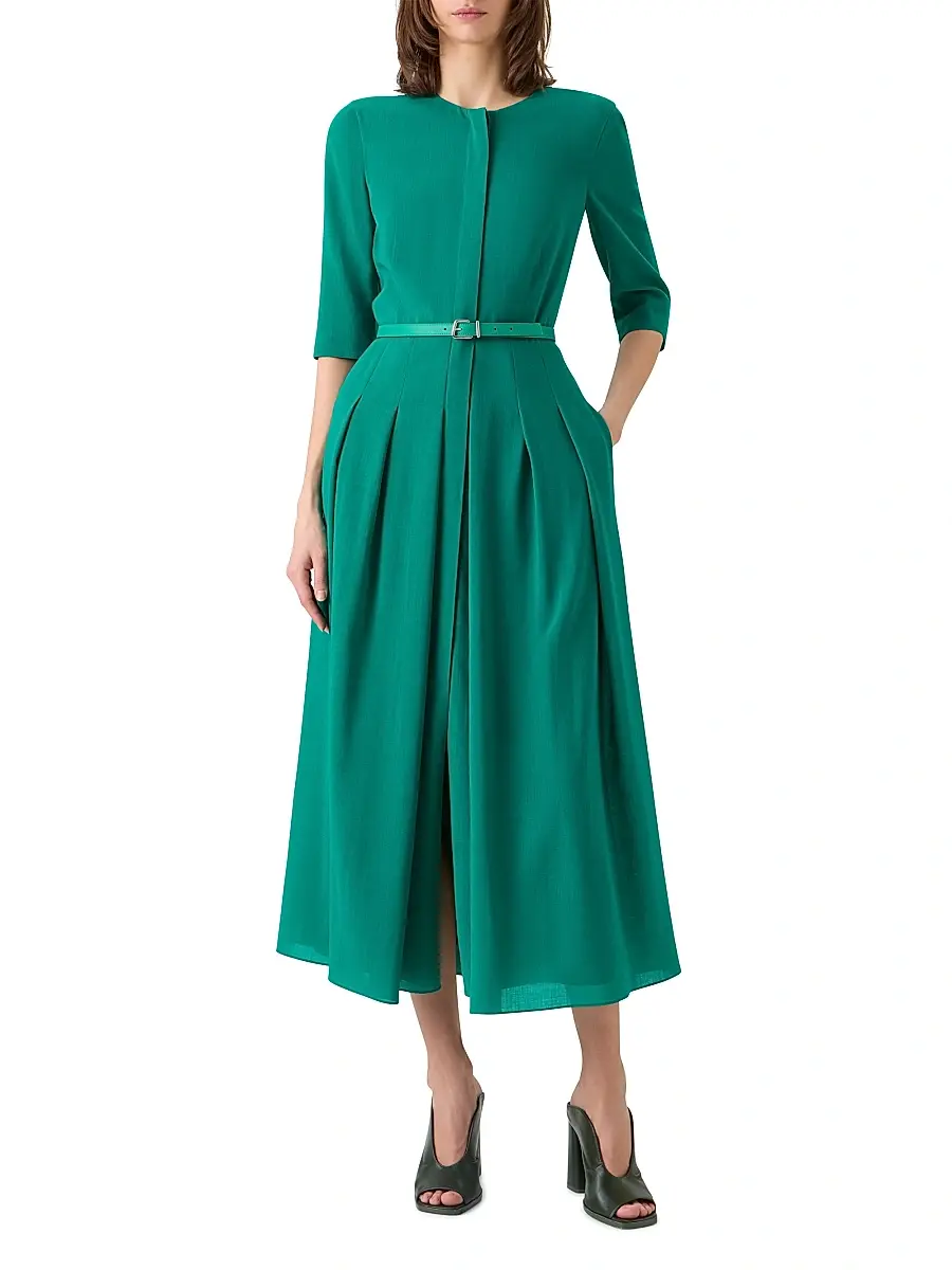 Akris Women's Belted Wool Pleated Midi-Dress | Thumbnail 2