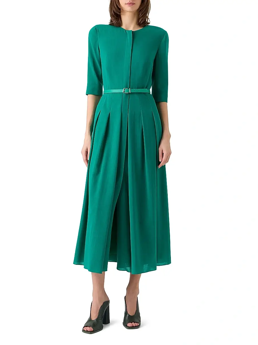 Akris Women's Belted Wool Pleated Midi-Dress | Thumbnail 3