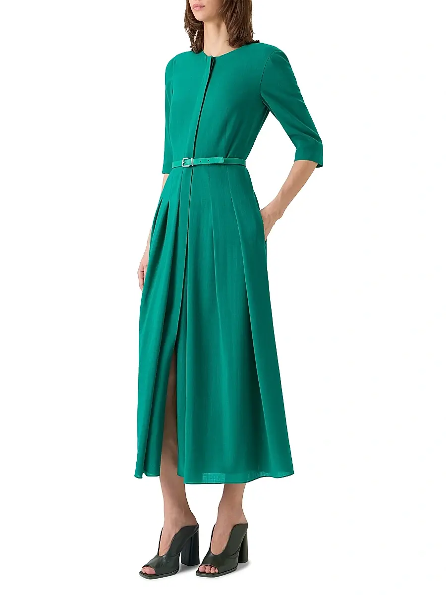 Akris Women's Belted Wool Pleated Midi-Dress | Thumbnail 4