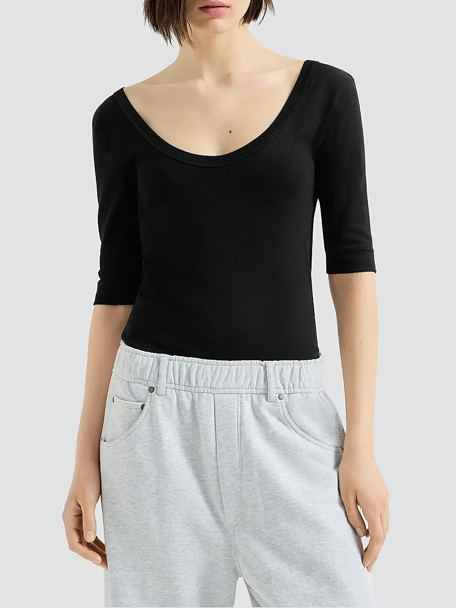 Brunello Cucinelli Women's Stretch Cotton Ribbed Jersey T-Shirt with Monili - Black | Thumbnail 2 Brunello Cucinelli Women's Stretch Cotton Ribbed Jersey T-Shirt with Monili - Black | Thumbnail 2