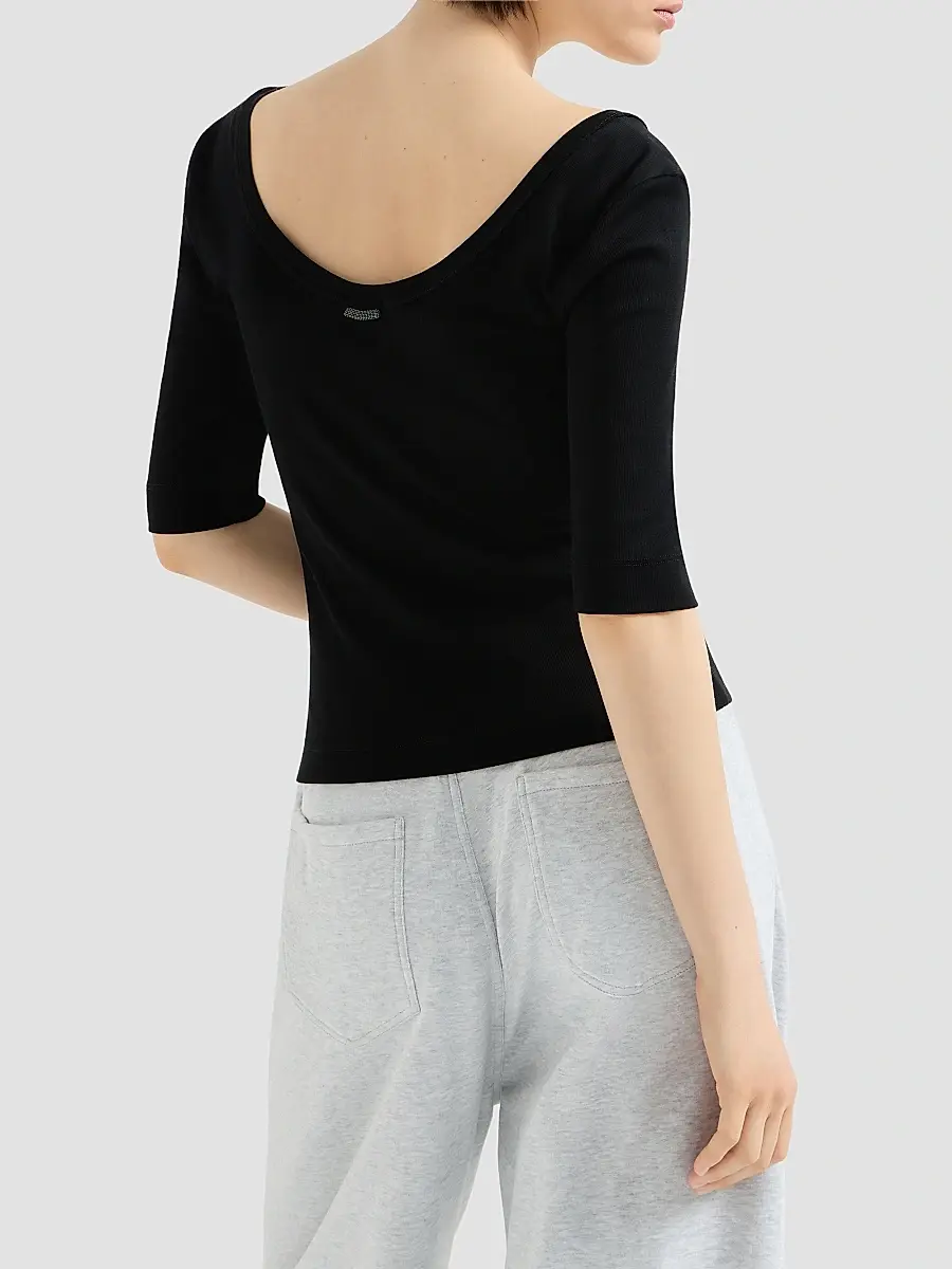 Brunello Cucinelli Women's Stretch Cotton Ribbed Jersey T-Shirt with Monili - Black | Thumbnail 3 Brunello Cucinelli Women's Stretch Cotton Ribbed Jersey T-Shirt with Monili - Black | Thumbnail 3