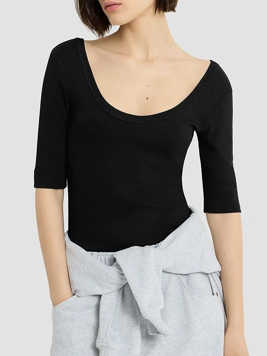 Brunello Cucinelli Women's Stretch Cotton Ribbed Jersey T-Shirt with Monili - Black | Thumbnail 4 Brunello Cucinelli Women's Stretch Cotton Ribbed Jersey T-Shirt with Monili - Black | Thumbnail 4