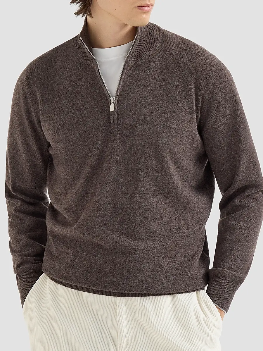 Brunello Cucinelli Men's Cashmere Sweater with Half Zip - Brown | Thumbnail 2 Brunello Cucinelli Men's Cashmere Sweater with Half Zip - Brown | Thumbnail 2