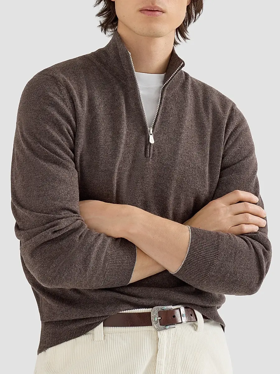 Brunello Cucinelli Men's Cashmere Sweater with Half Zip - Brown | Thumbnail 5 Brunello Cucinelli Men's Cashmere Sweater with Half Zip - Brown | Thumbnail 5