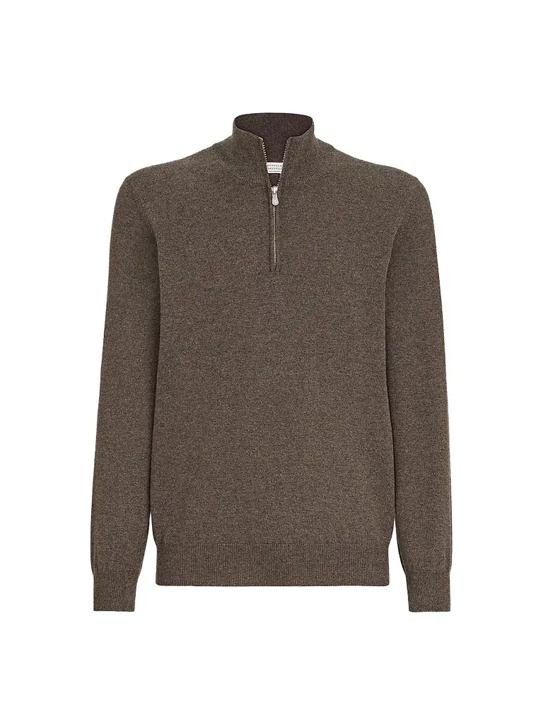 Brunello Cucinelli Men's Cashmere Sweater with Half Zip - Brown - Size 52 | Image 1 Brunello Cucinelli Men's Cashmere Sweater with Half Zip - Brown - Size 52 | Image 1