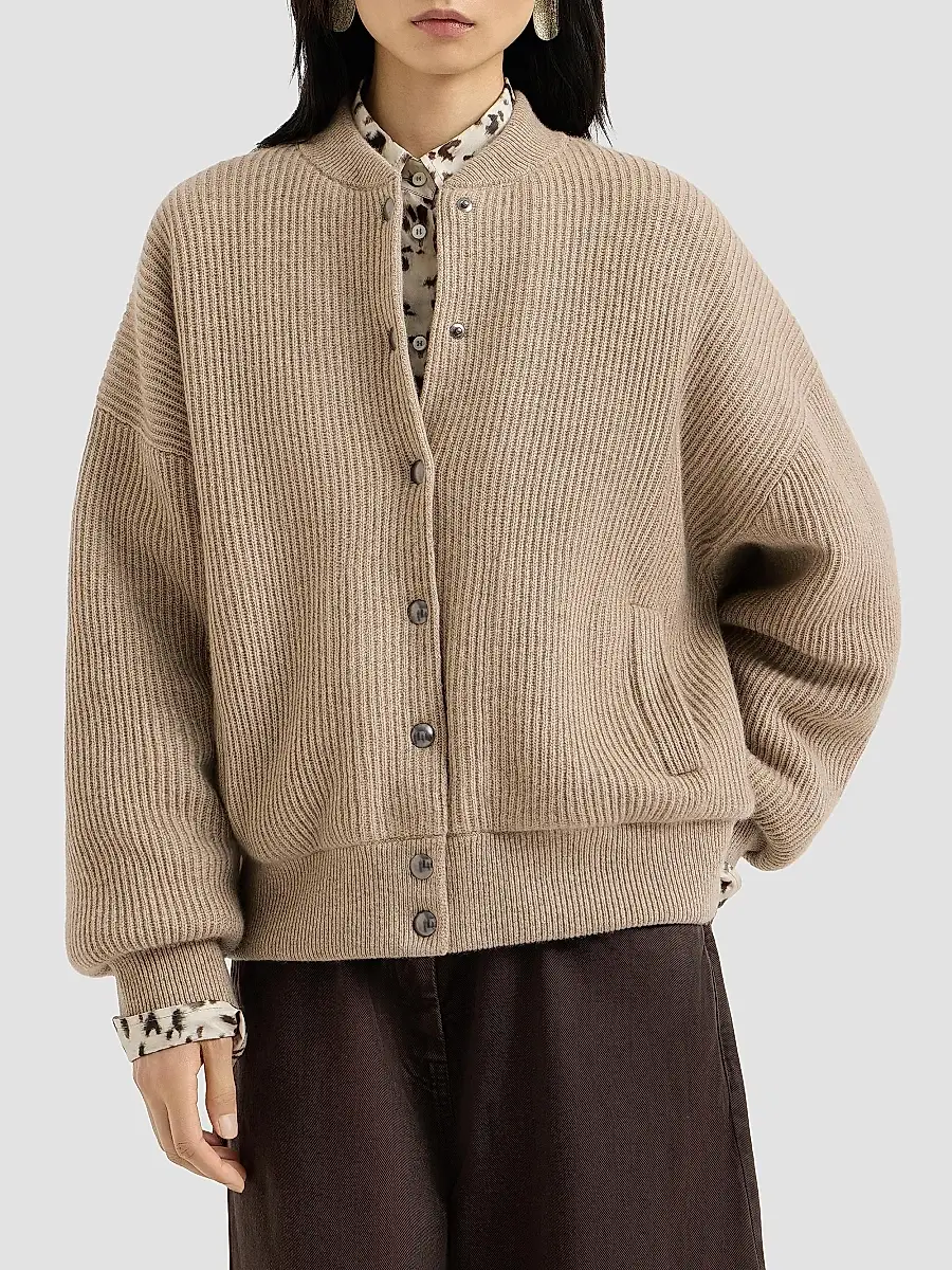 Brunello Cucinelli Women's Cashmere English Rib Knit Bomber Jacket with Thermore Padding - Cashmere Beige | Thumbnail 2