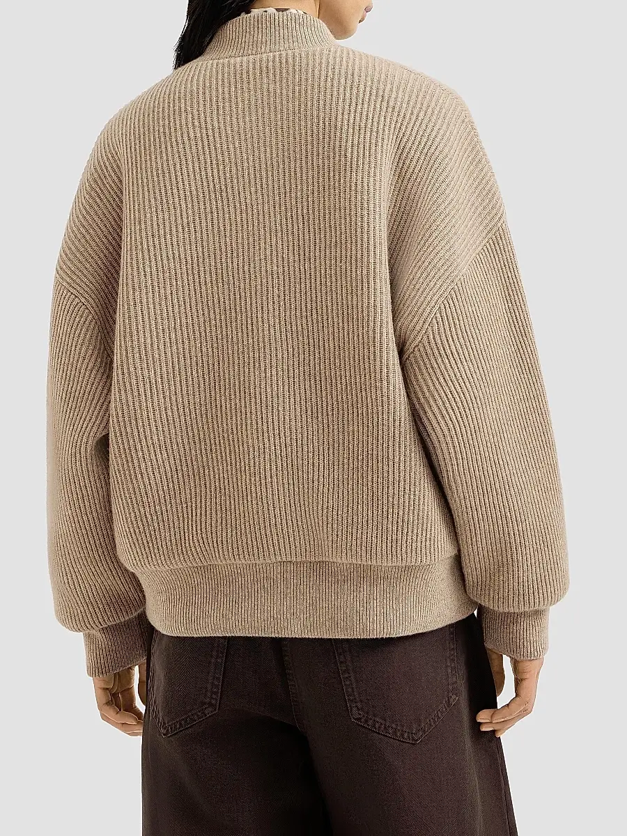 Brunello Cucinelli Women's Cashmere English Rib Knit Bomber Jacket with Thermore Padding - Cashmere Beige | Thumbnail 3