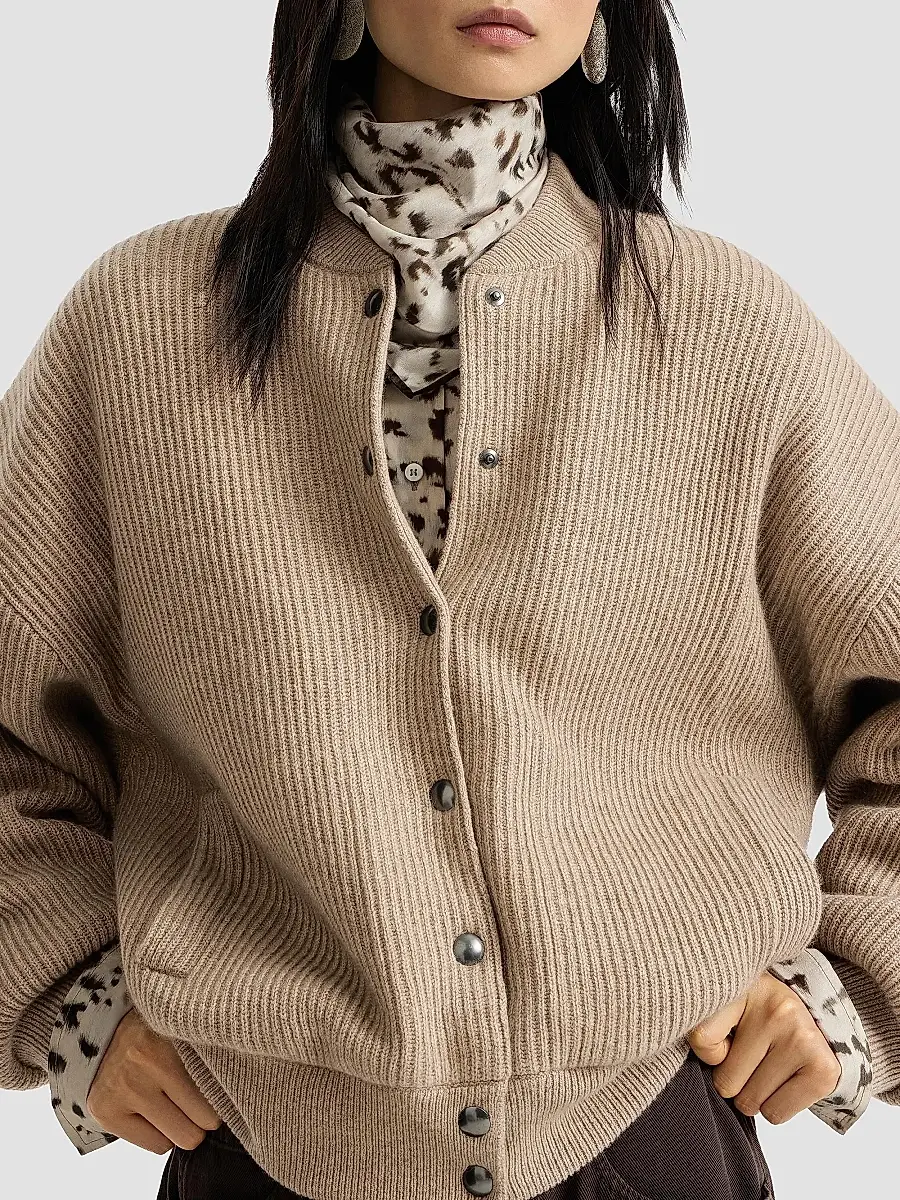 Brunello Cucinelli Women's Cashmere English Rib Knit Bomber Jacket with Thermore Padding - Cashmere Beige | Thumbnail 5