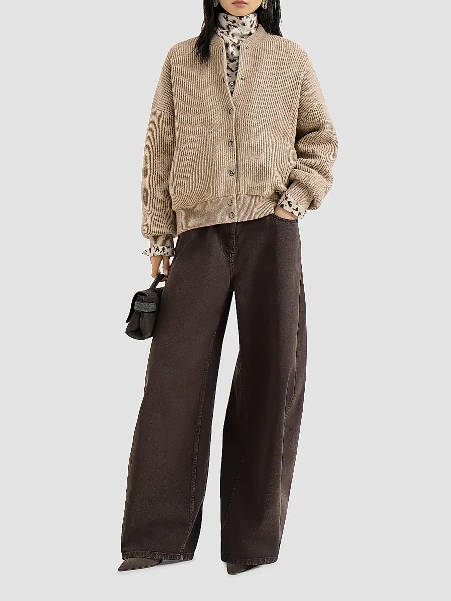 Brunello Cucinelli Women's Cashmere English Rib Knit Bomber Jacket with Thermore Padding - Cashmere Beige | Thumbnail 6