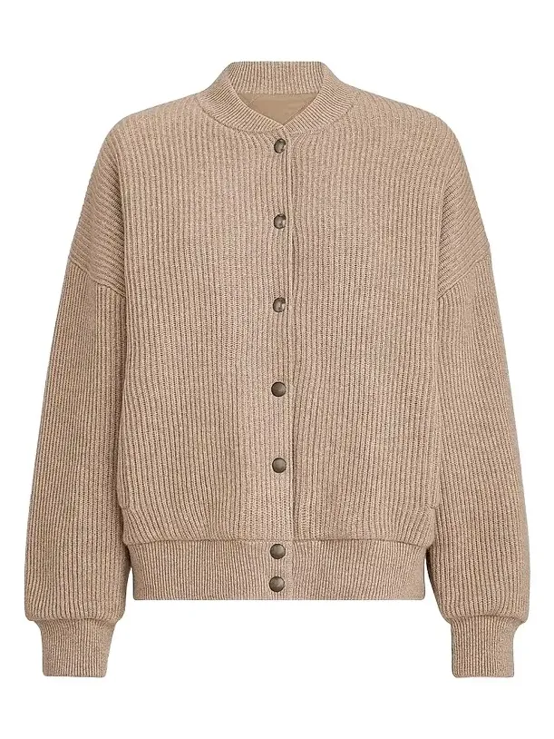 Women's Cashmere English Rib Knit Bomber Jacket with Thermore Padding - Cashmere Beige