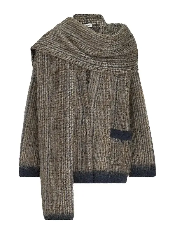 Women's Mohair and Wool Prince of Wales Double Knit Outerwear Jacket with Scarf - Brown