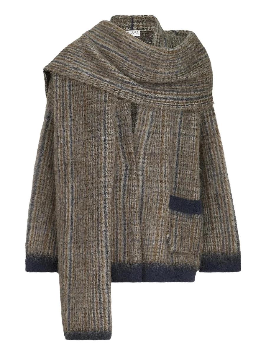 Brunello Cucinelli Women's Mohair and Wool Prince of Wales Double Knit Outerwear Jacket with Scarf - Brown