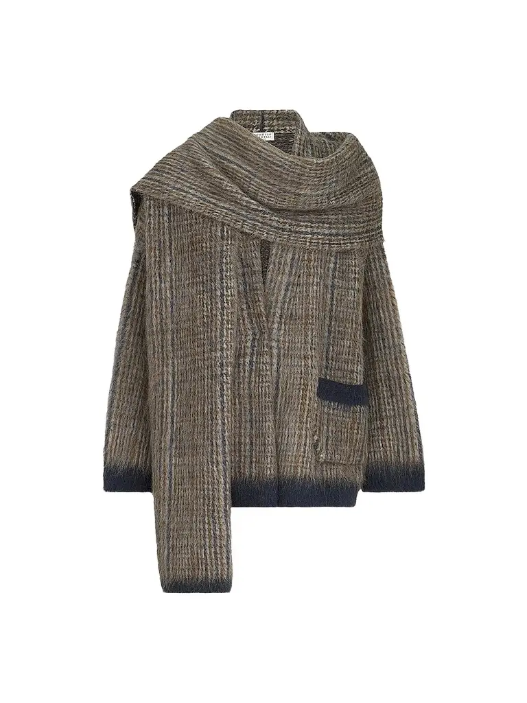 Brunello Cucinelli Women's Mohair and Wool Prince of Wales Double Knit Outerwear Jacket with Scarf - Brown - Size XXL | Image 1 Brunello Cucinelli Women's Mohair and Wool Prince of Wales Double Knit Outerwear Jacket with Scarf - Brown - Size XXL | Image 1