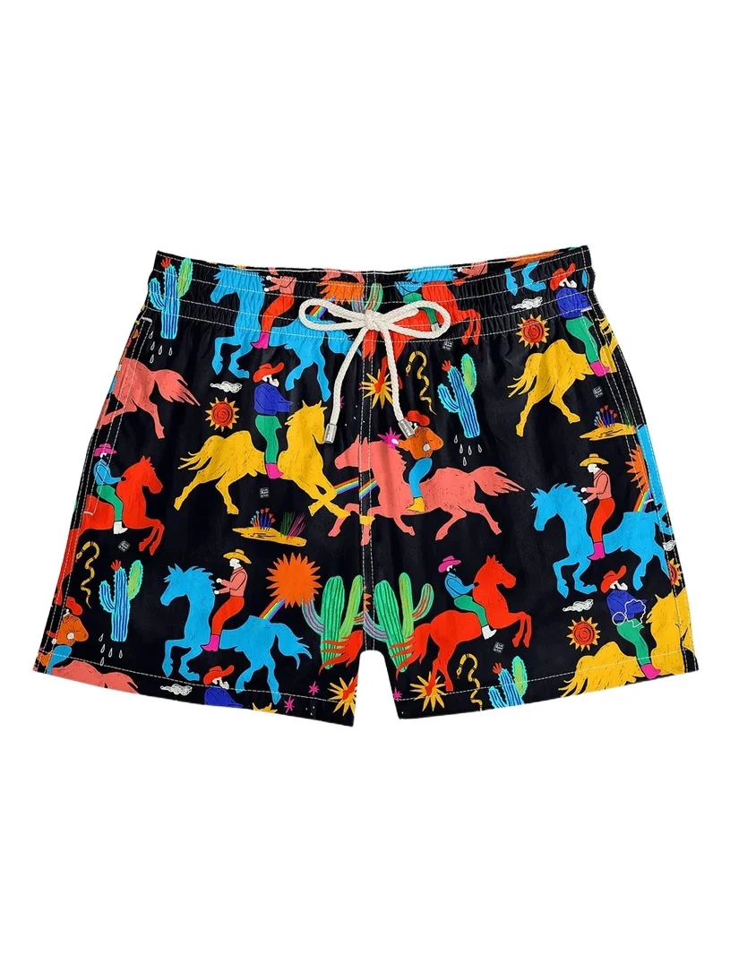 Men's Black Cowboy Printed Drawstring Swim Shorts Men's Black Cowboy Printed Drawstring Swim Shorts