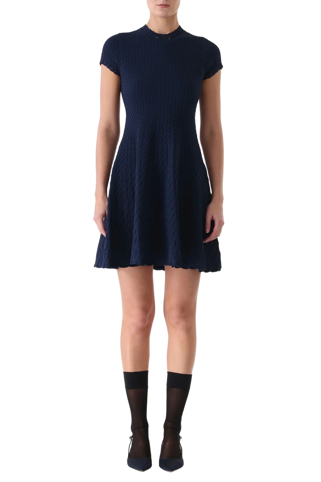 SHORT SLEEVE CABLE KNIT FIT AND FLARE DRESS SHORT SLEEVE CABLE KNIT FIT AND FLARE DRESS