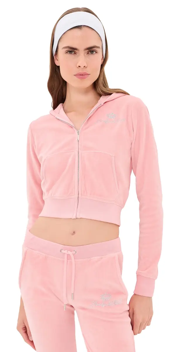 Sporty & Rich Juicy Script Velour Zip Hoodie Rose L | Image 1 Sporty & Rich Juicy Script Velour Zip Hoodie Rose L | Image 1