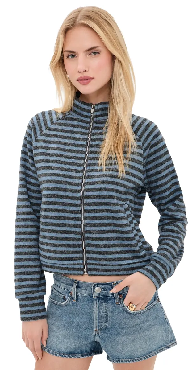 LIONESS Bloom Knit Jacket Grey/Blue Stripe | Image 1 LIONESS Bloom Knit Jacket Grey/Blue Stripe | Image 1