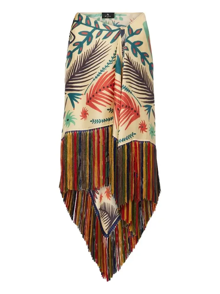 Fringed printed asymmetric silk midi skirt