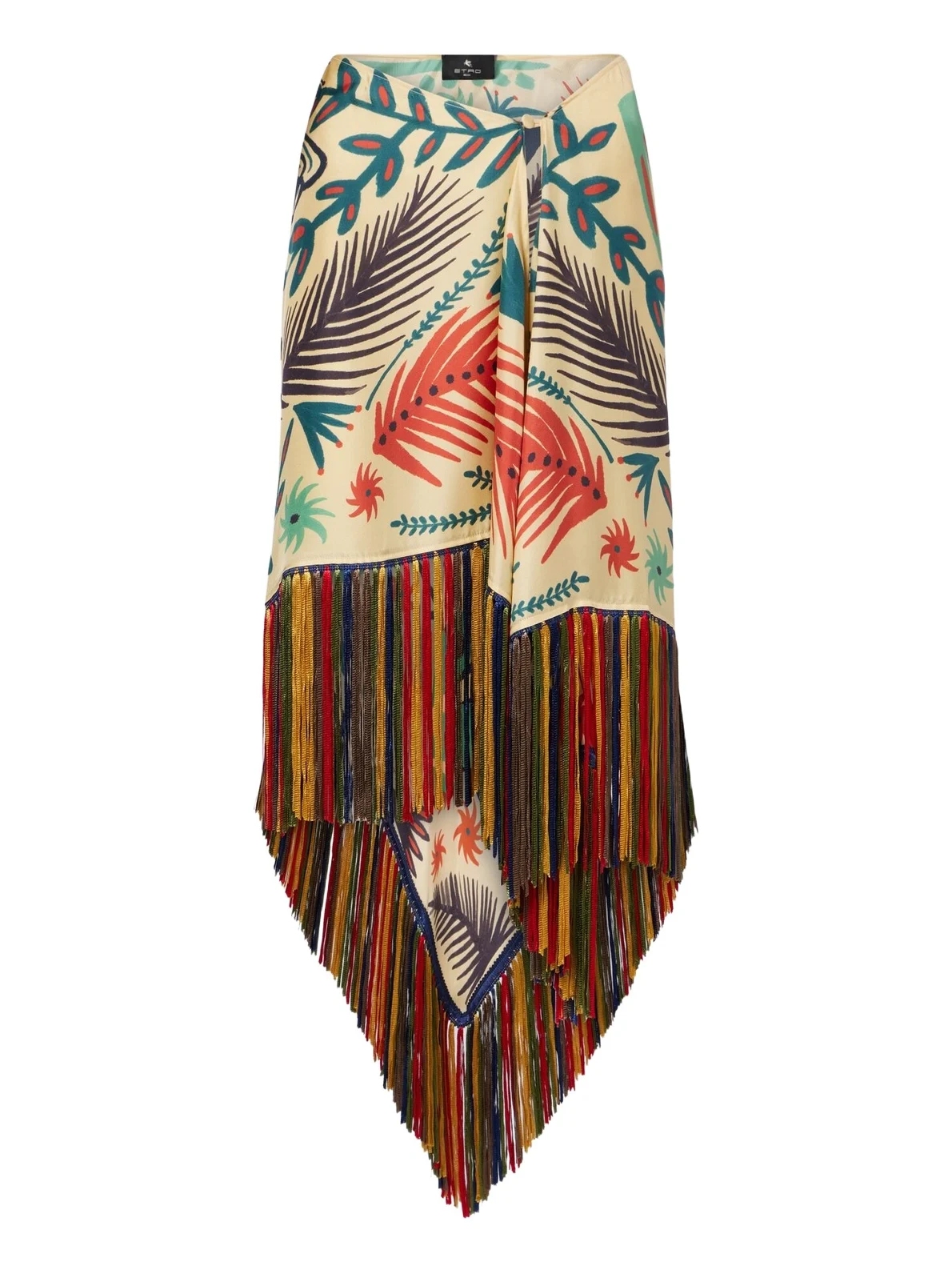 Fringed printed asymmetric silk midi skirt