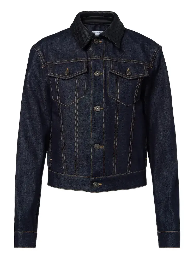 Intrecciato leather-trimmed denim jacket Intrecciato leather-trimmed denim jacket