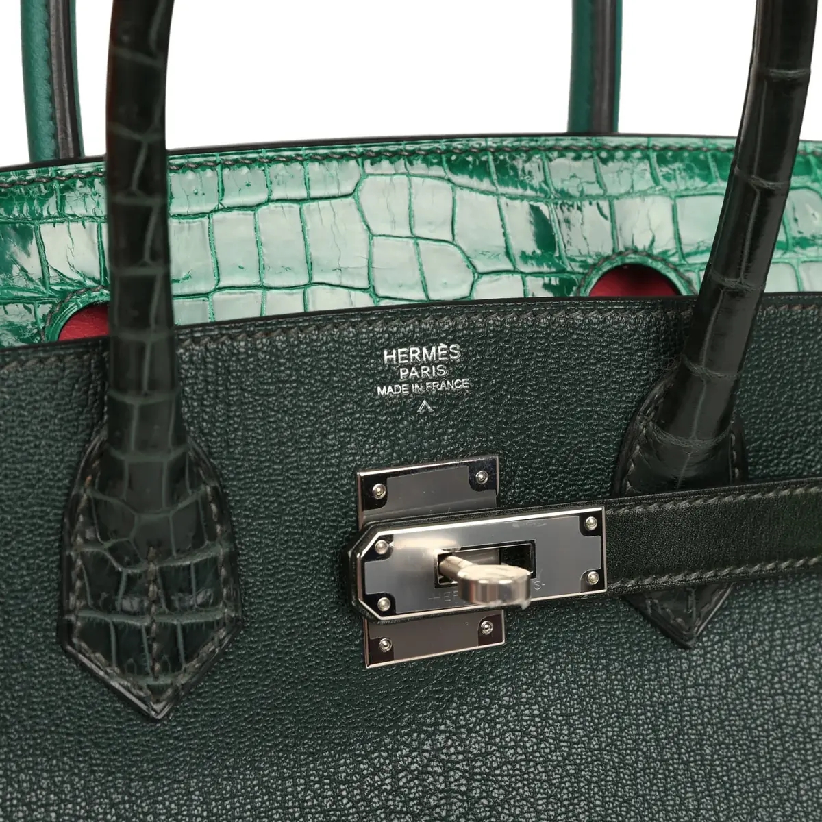HERMÈS Pre-owned Hermes "Patchwork" Birkin 30 Vert Titien, Vert Fonce, Malachite, Emeraude Chevre Mysore, Clemence, Shiny Porosus Crocodile, Epsom, Swift, Box Palladium Hardware | Thumbnail 7 HERMÈS Pre-owned Hermes "Patchwork" Birkin 30 Vert Titien, Vert Fonce, Malachite, Emeraude Chevre Mysore, Clemence, Shiny Porosus Crocodile, Epsom, Swift, Box Palladium Hardware | Thumbnail 7