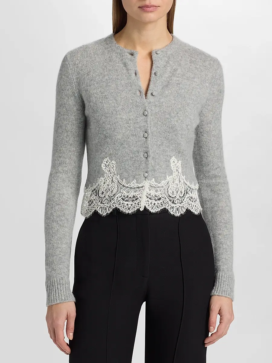 Adam Lippes Women's Briar Lace-Trim Cashmere Crop Cardigan | Thumbnail 3