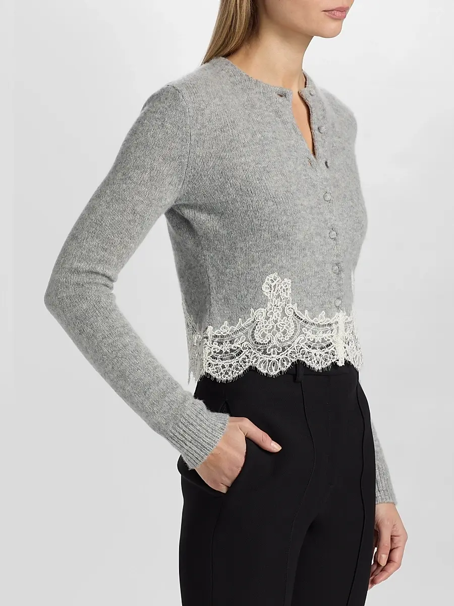 Adam Lippes Women's Briar Lace-Trim Cashmere Crop Cardigan | Thumbnail 4