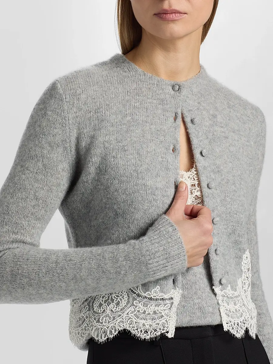 Adam Lippes Women's Briar Lace-Trim Cashmere Crop Cardigan | Thumbnail 6