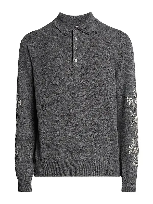 Men's Floral-Embroidered Wool Long-Sleeve Polo Sweater Men's Floral-Embroidered Wool Long-Sleeve Polo Sweater