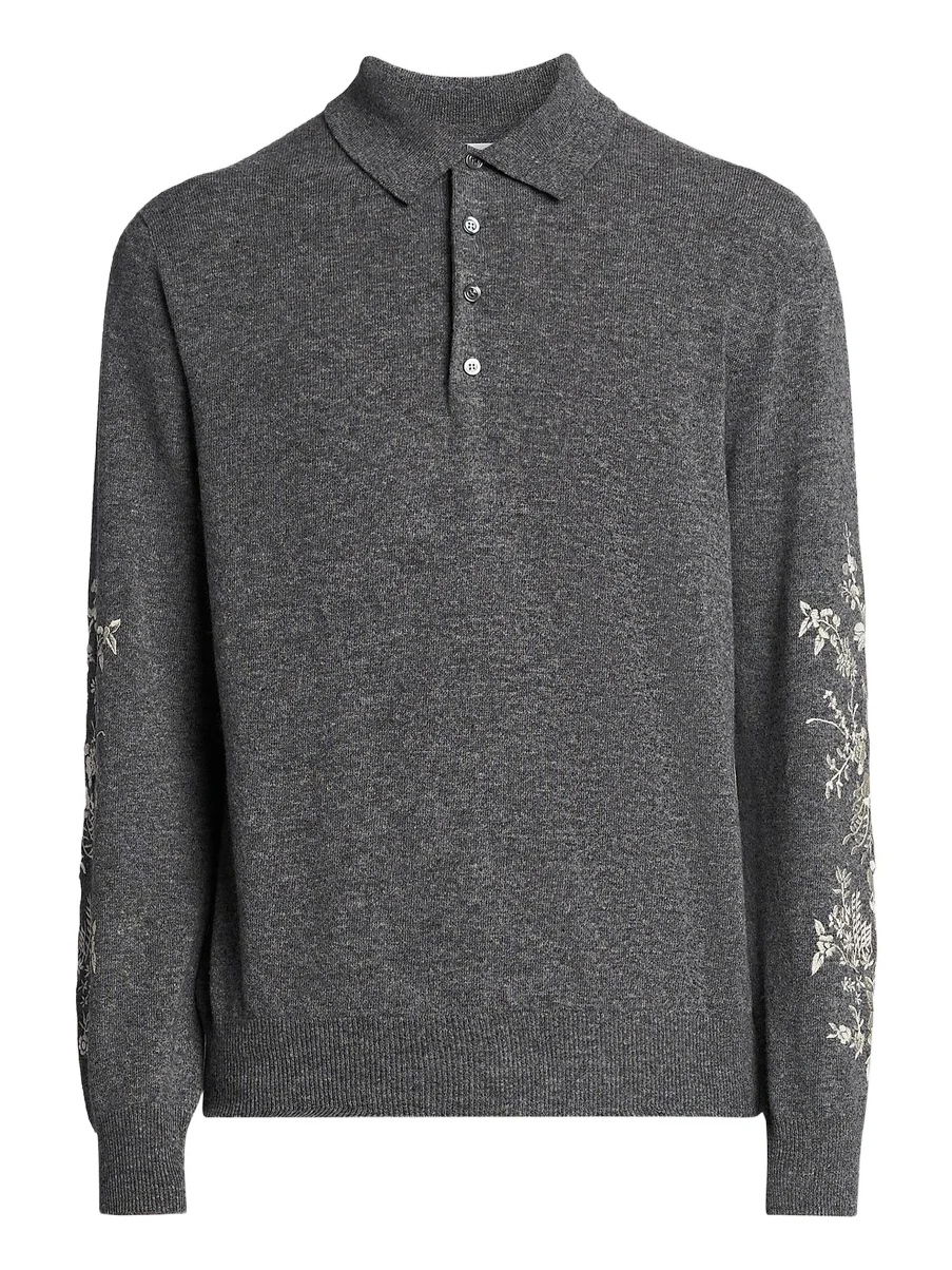 Men's Floral-Embroidered Wool Long-Sleeve Polo Sweater Men's Floral-Embroidered Wool Long-Sleeve Polo Sweater