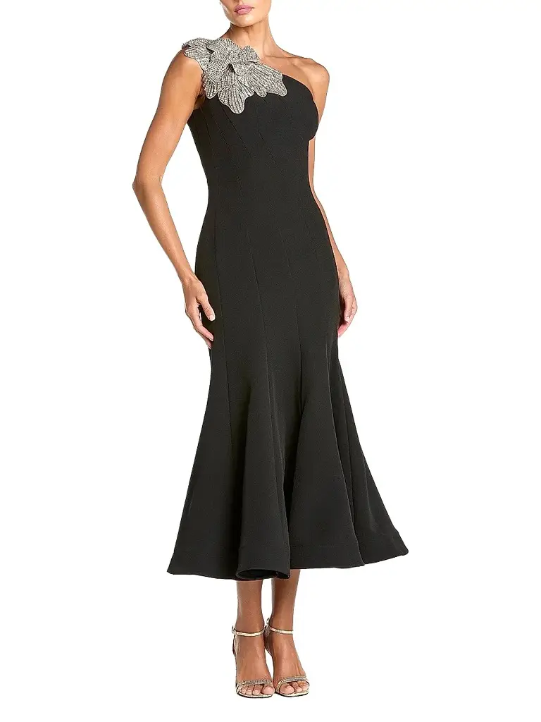 Mac Duggal Women's Petite One-Shoulder Mermaid Crepe Midi Dress - Black - Size Petite 12 | Image 1 Mac Duggal Women's Petite One-Shoulder Mermaid Crepe Midi Dress - Black - Size Petite 12 | Image 1