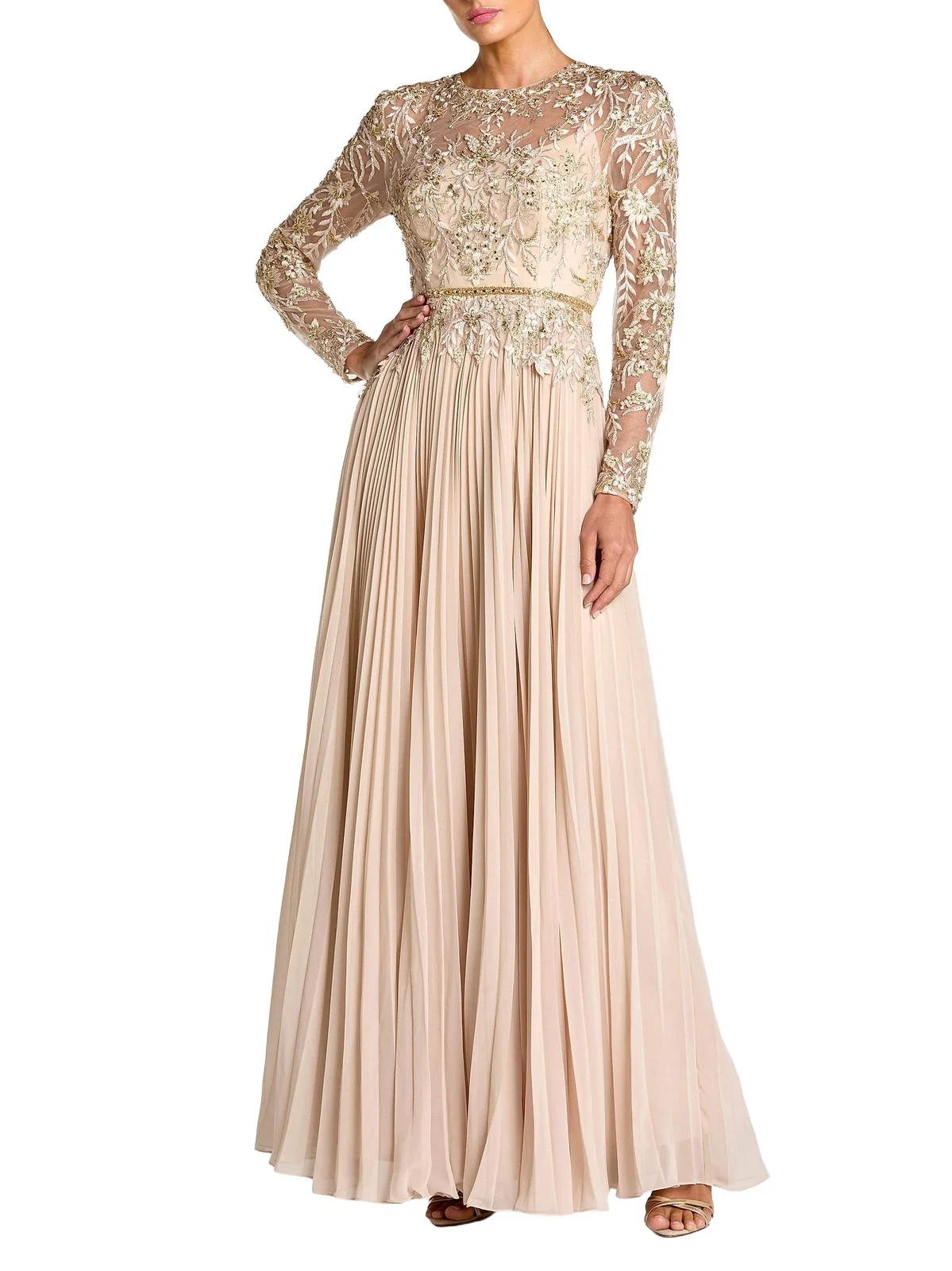 Women's Petite Chiffon Long-Sleeve Embellished Gown