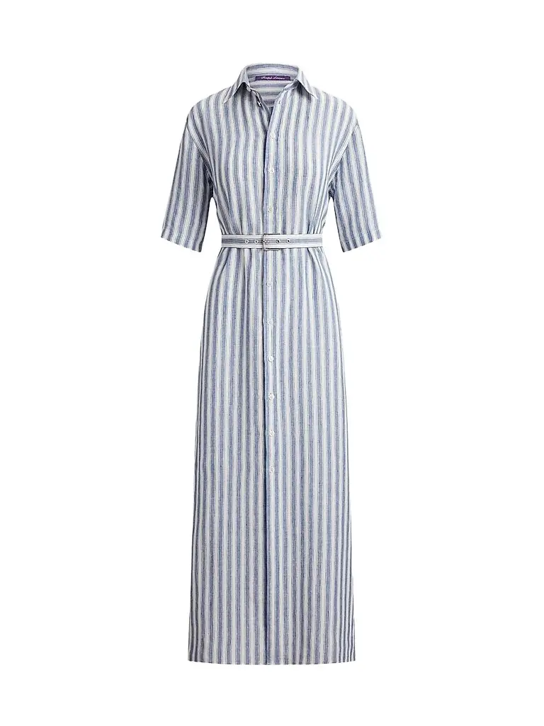 Ralph Lauren Collection Women's Carol Umbrella Stripe Linen Shirtdress - Chambray Blue Cream - Size 8 | Image 1 Ralph Lauren Collection Women's Carol Umbrella Stripe Linen Shirtdress - Chambray Blue Cream - Size 8 | Image 1